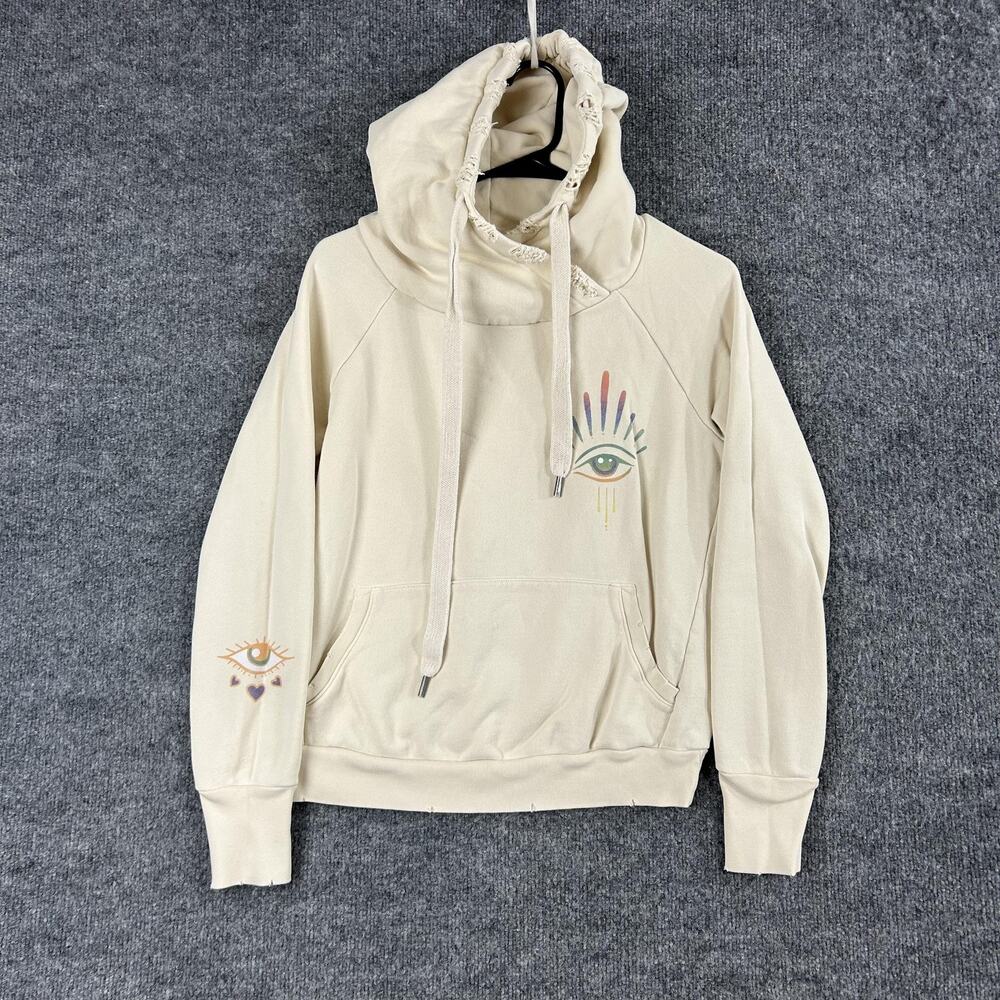 NSF X Jacquie Aiche Hoodie Small Distressed Evil Eye Cotton White Boho Spiritual